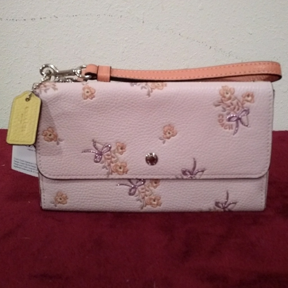 Coach Pink Floral Leather Wristlet with Peach Strap and Yellow Tag